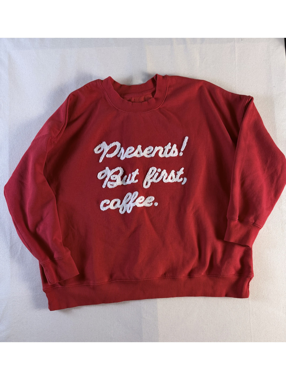 Red “Presents! But First, Coffee.” Oversized Crewneck Sweatshirt Size XL